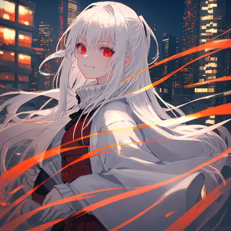 1girl, (solo), anime girl with long white hair and red eyes, girl with white hair, girl in white turtleneck, girl in brown cardi...