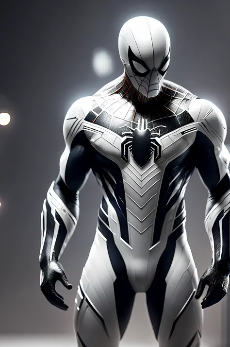 (8k, foto RAW, melhor qualidade, obra-prima: 1.2), ultra detalhado, arte oficial, foto-realista: 1.37, spider man, black suit, spider in the center of your chest in white, organic looking clothing, gooey testura, symbiote, white eyes, fine art, PS5 cinematic screenshot,highly detailed detailed cinematic rendering, ultra photorealistic raytricing, with cinematic lightingpose de ação