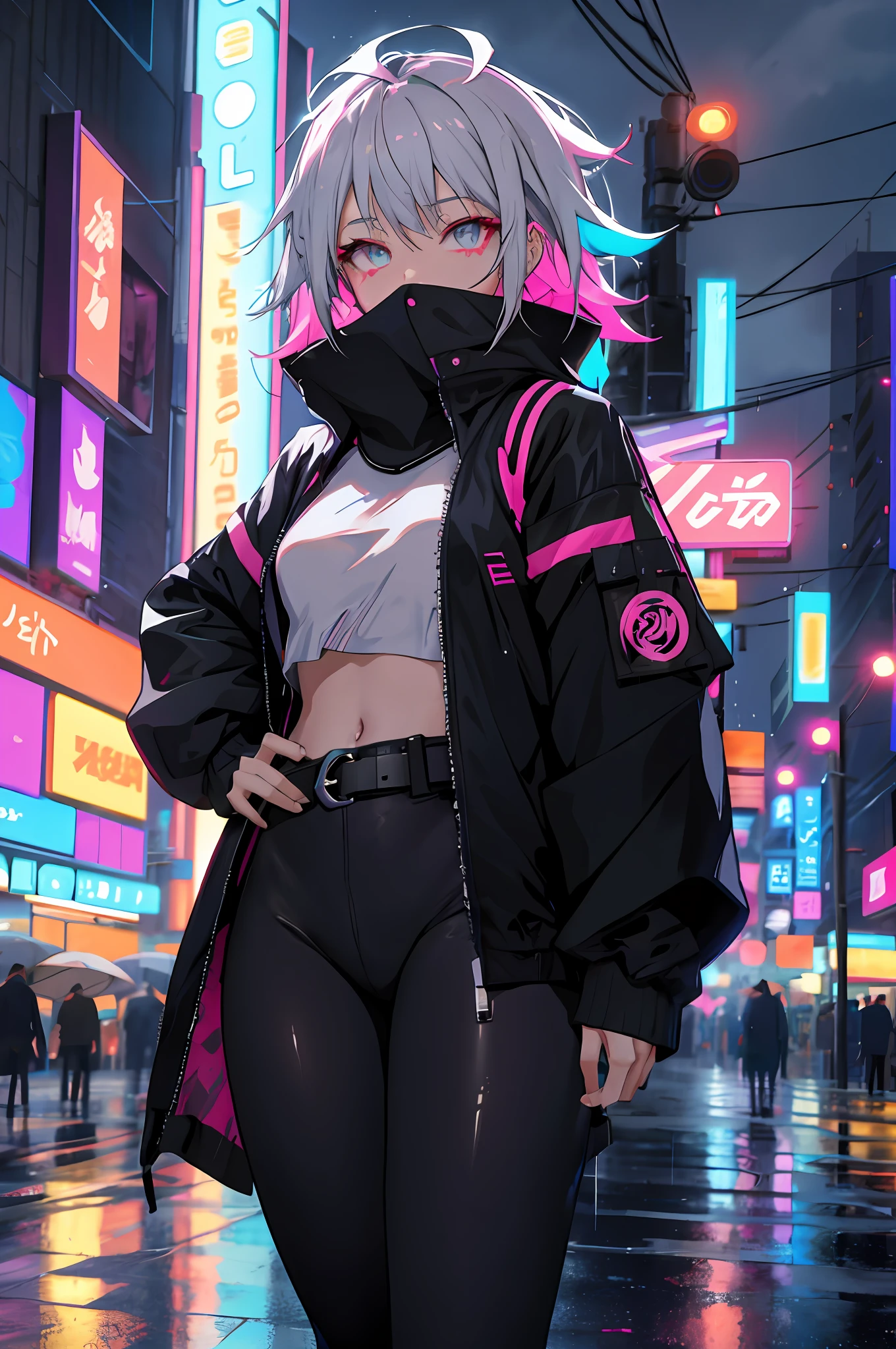 Anime girl in a black jacket and pink pants standing in the rain - SeaArt AI