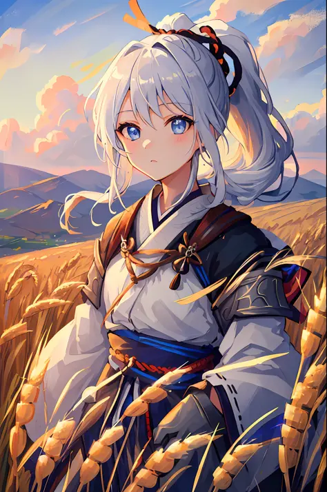 masterpiece, best quality, 1girl, portrait, white hair, ponytail, blue eyes, samurai, wheat landscape, sun, clouds, (neutral col...