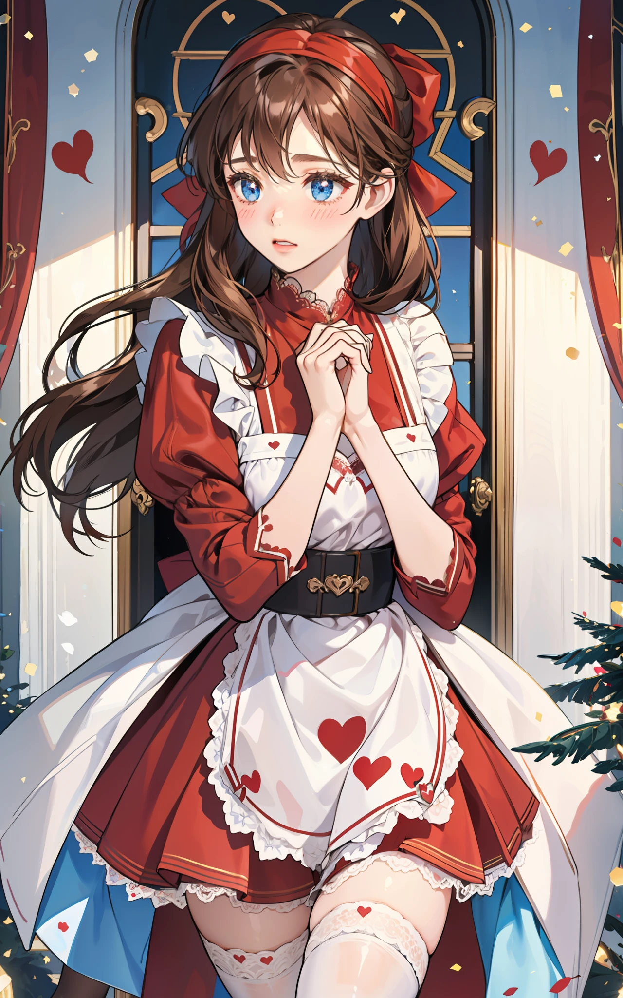 Girl with brown hair and blue eyes, holding with both hands a box of chocolates in the shape of a heart, offering gift with both hands, shy look, blushing, dressed in a red apron and white blouse with lace and black count, red headband, white thigh stockings,