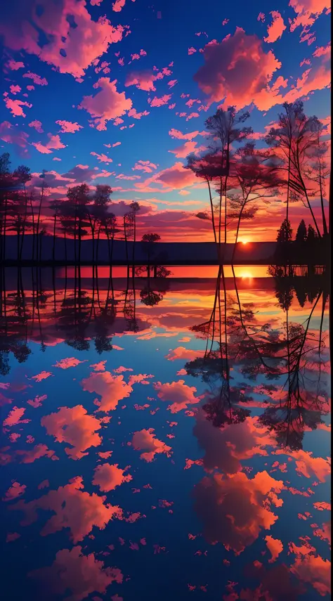 there is a beautiful sunset with a lake and trees in the background, colorful skies, surreal colors, colorful sunset, colorful sky, marvellous reflection of the sky, stunning sky, dream like atmosphere 8k, colorful clouds, colors reflecting on lake, surrea...