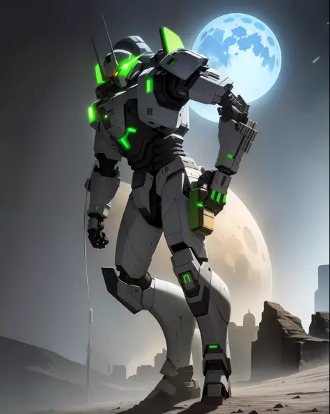 on the moon,barren planets, ruins, holding_weapon, no_humans, glowing, robot, building, glowing_eyes,green mecha, science_fictio...