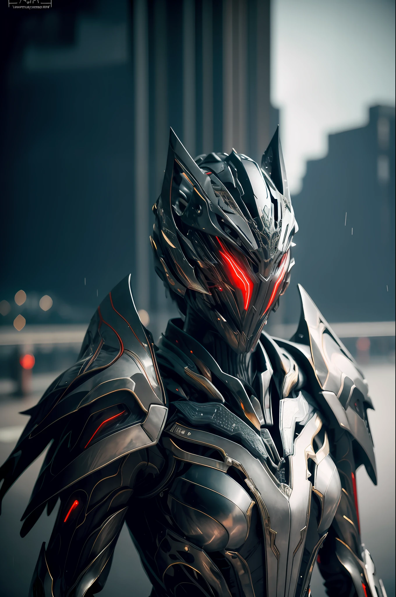 1 japanese girl, WARFRAME, intricate pattern, heavy metal, energy lines, faceless, glowing eyes, elegant, intense, blood red and black uniform, solo, modern, city, streets, dark clouds, thunderstorm, heavy rain,
dramatic lighting,
(masterpiece:1.2), best quality, high resolution,   beautiful detailed, extremely detailed, perfect lighting,
