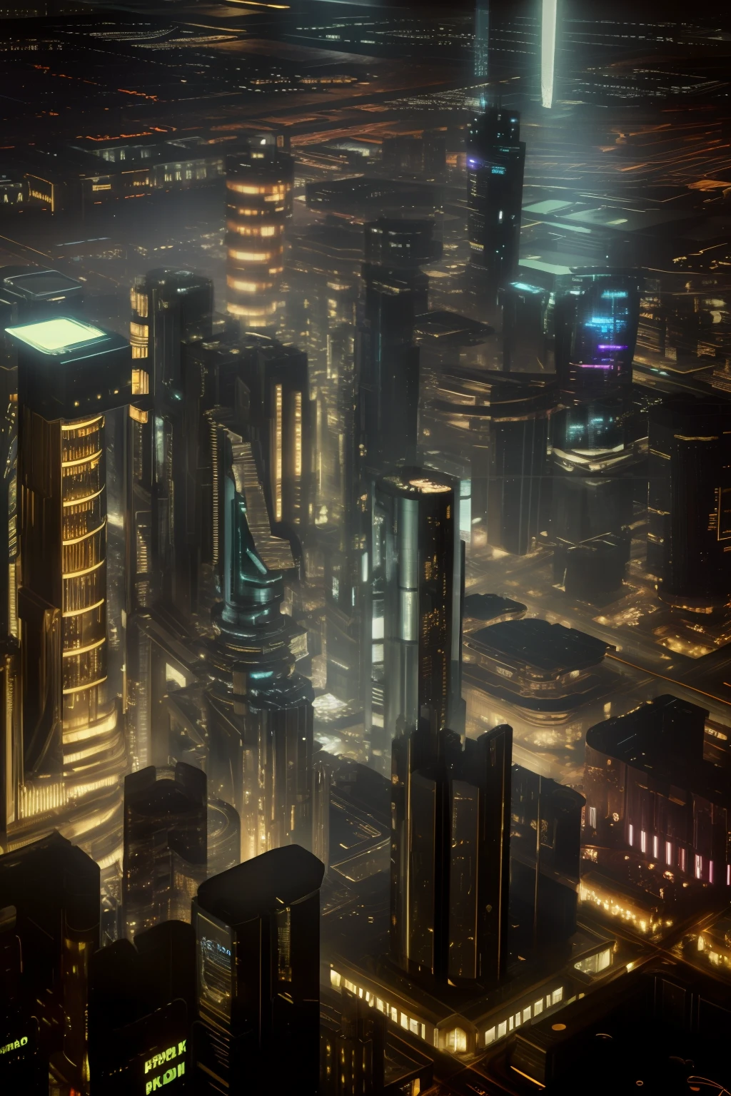 High resolution, masterpiece, high quality, rich detail, 8k wallpaper, cyberpunk city, steampunk style, night with many buildings scattered, front shot, bottom-up shot.