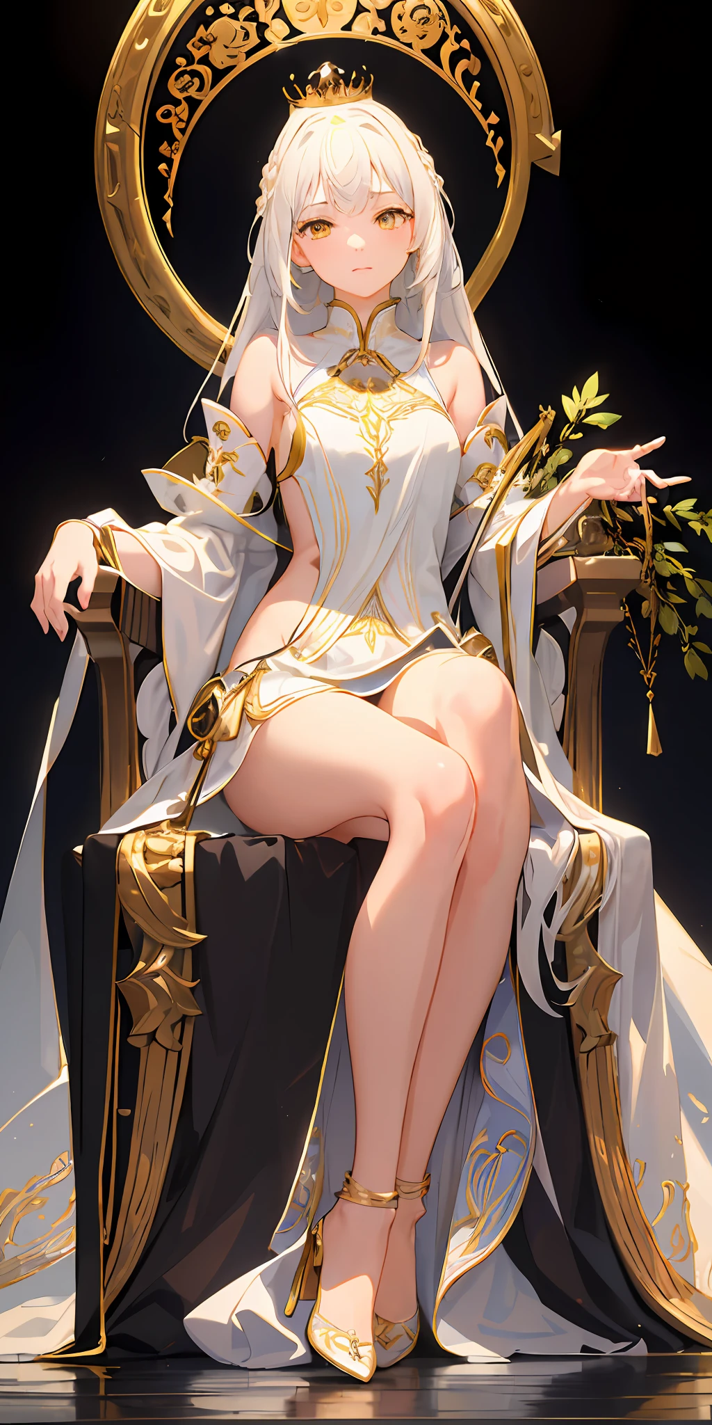 (Masterpiece:1.2), best quality, (illustration:1.2), (ultra-detailed), hyper details, (delicate detailed), (intricate details), (cinematic light, best quality Backlights), clear line, from below, soloist, perfect body, (1girl), white hair and yellow eyes, (emperor, black see-through clothes), (crown: 1.1), sitting on the throne, eyes slightly closed, head down, (shy: 1.2 ), (makeup), high contrast, (best illumination, an extremely create and beautiful), (cinematic light), colorful,