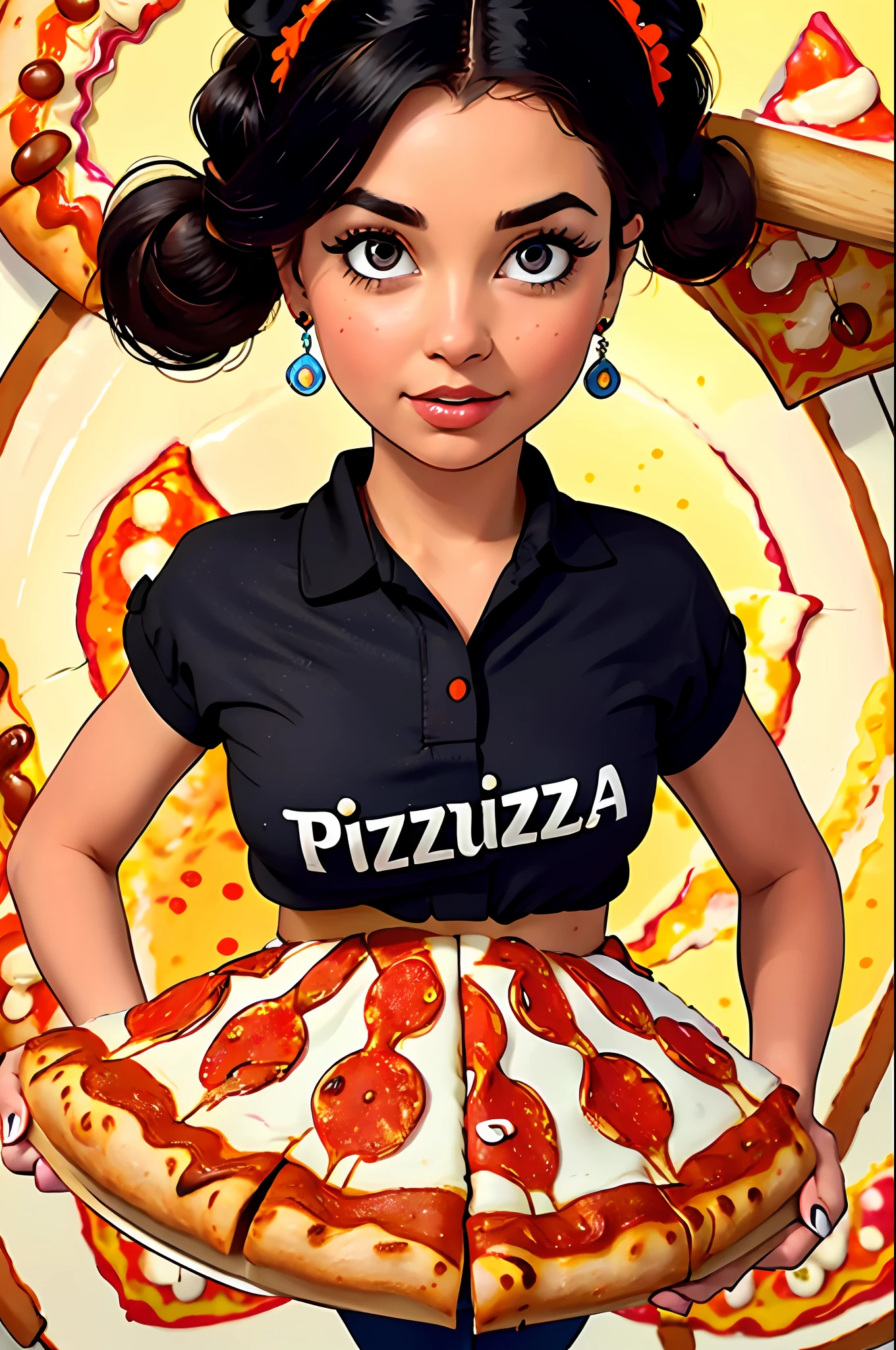 (masterpiece), (best quality), HDR, intricate detail, 1girl, individual focus, woman, light brunette white skin, skindentation, perfect face, gorgeous face, big eyes, orange eyes, perfect eyes, eyelashes, black hair absurdly long high ponytail, (((pizza delivery))), pizza box, employee badge, orange shirt with light blue, (((pizza delivery outfit)), hair ornament,  Earrings