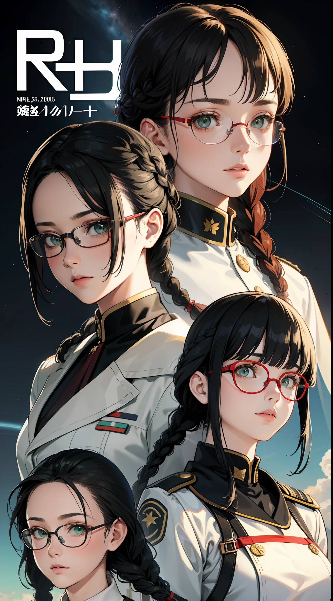 Movie Poster,((Braid Hairstyle : 1.5)),Anime Reference 86 ,Science Fiction,Sci-Fi,Movies,War Action Movies,Space,Atmosphere,Sky,Battleship,Multiple Characters,Women,Adults,Green Eyes,Black Hair,(Pia bangs hairstyle) : 1.8 ),(Red Glasses),General Uniform,White Commander Uniform,Realistic Face Details,Realism,3D Face,