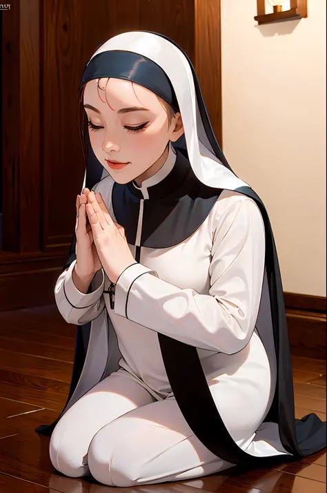 Piel perfecta,((1 girl dressed as a nun)), with her hands in prayer position, full body,(((praying on her knees)))
Tight suit, p...