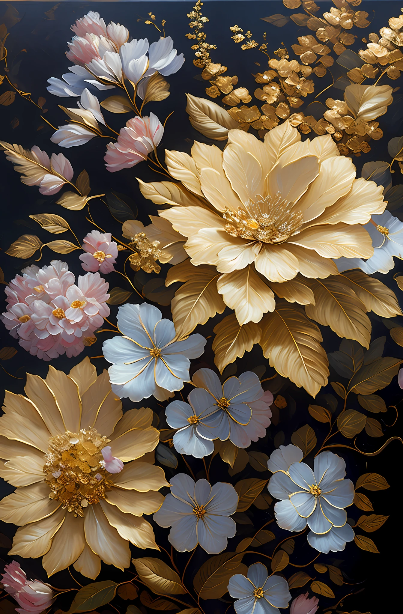 Es gibt ein Gemälde von Blumen mit silbernen Blättern, goldene Blumen, Hortensien und Prunkwinden, Blumen und Gold, vergoldet reliefs, detaillierte Blumen, Wunderschöne Blumen, Goldene, schuppige Blüten, komplizierte Blumen, chaotische Blattgoldblumen, Detailliertes 4K-Ölgemälde, atemberaubende und detailreiche, vergoldet. Blumen, Blumen. barocke Elemente, komplizierte Ölgemälde