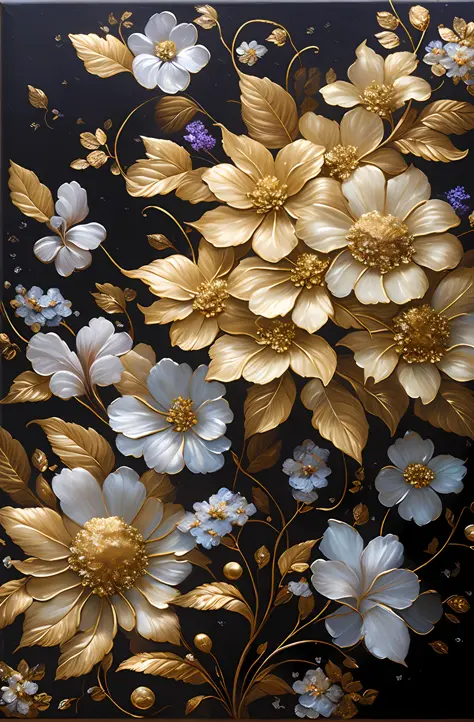 there is a painting of flowers with silver leaves, gold flowers, hydrangeas and morning glory, flowers and gold, gilded reliefs,...