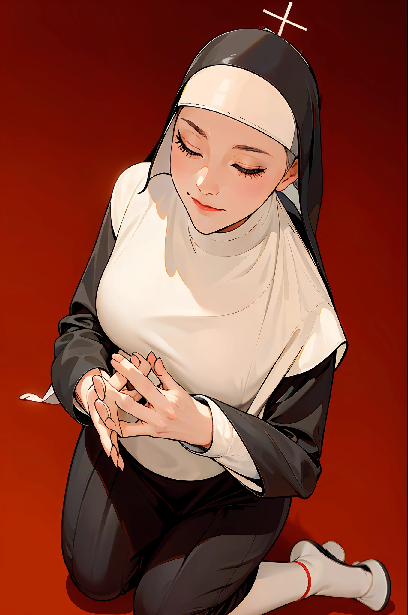 Piel perfecta,((1 girl dressed as a nun)), with her hands in prayer position, full body,(((praying on her knees)))
tight suit, ((pronounced neckline)), large , ((eyes closed)), masterpiece, pretty hands, well-made hands, marked neckline, heavenly light, holding a rosary,