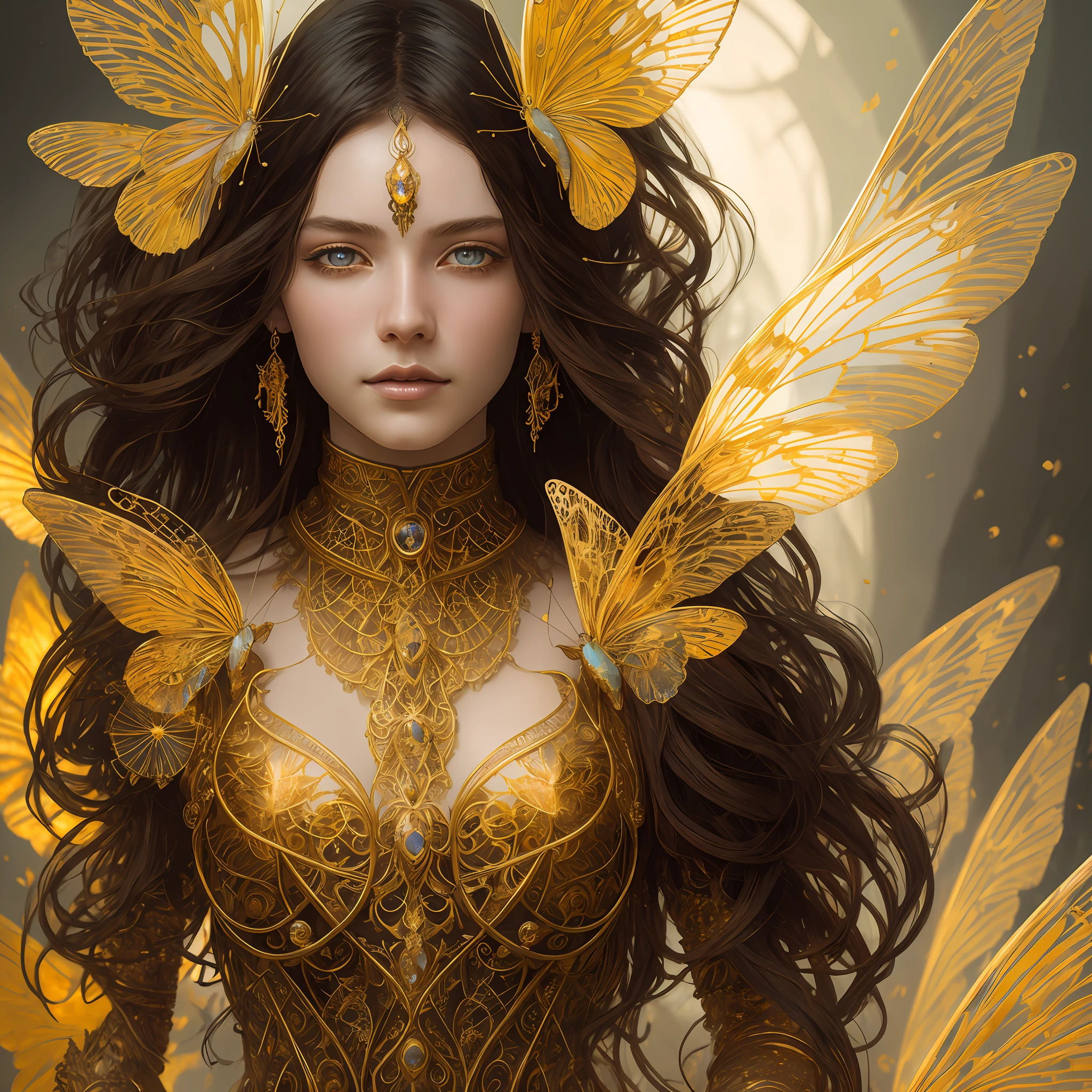 Portrait of a beautiful cyborg with 8k brown hair, intricate, elegant, highly detailed, majestic, digital photography, art by artgerm and Ruan Jia and Greg Rutkowski, surreal painting, golden butterfly filigree, broken glass, (masterpiece, side light, delicate beautiful eyes: 1.2), Human Development Report