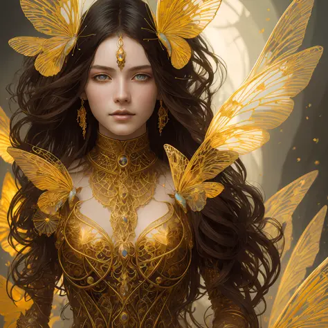 Portrait of a beautiful cyborg with 8k brown hair, intricate, elegant, highly detailed, majestic, digital photography, art by artgerm and Ruan Jia and Greg Rutkowski, surreal painting, golden butterfly filigree, broken glass, (masterpiece, side light, deli...
