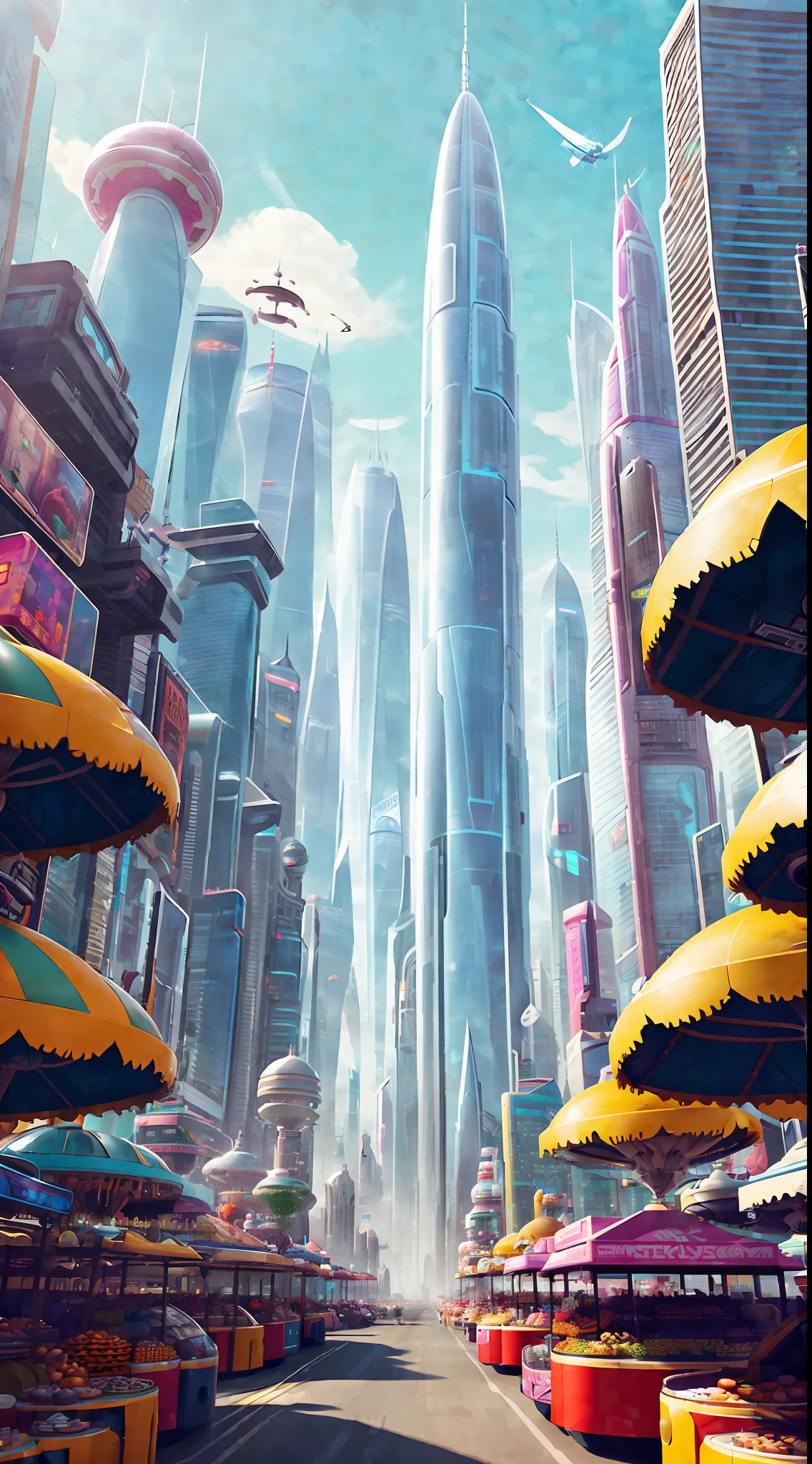 A bustling futuristic cityscape with floating skyscrapers and hovercars zooming between them. In the center of the city is a massive outdoor marketplace, filled with colorful stalls selling a wide variety of bizarre alien goods. The overall tone is lighthearted and whimsical, by Justin Maller