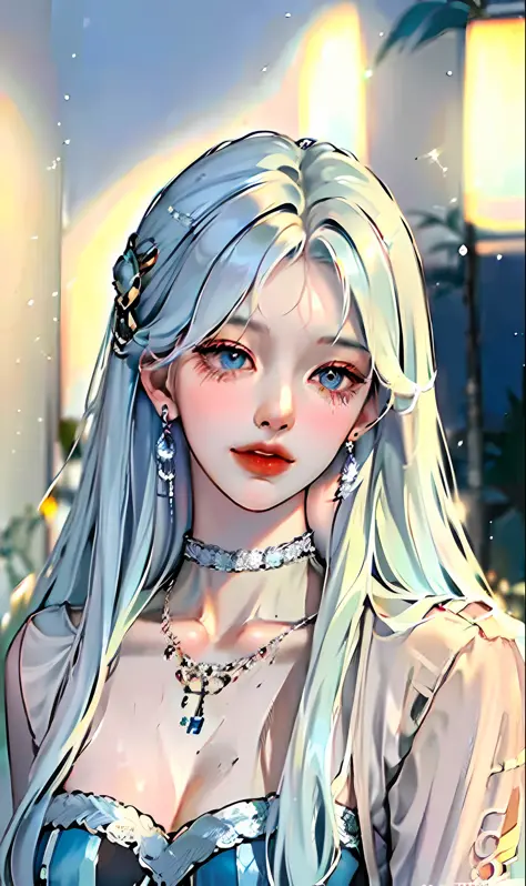(masterpiece:1.4), (best quality:1.4), 8k,realistic, 1gril, solo, ((light blue hair)), hair accessory, long hair, blue eyes, collarbone, portrait, red lip, cleft lip, (cleavage, pleated skirt), small breast, blue nails, necklace, earrings, fashion-girl, lo...