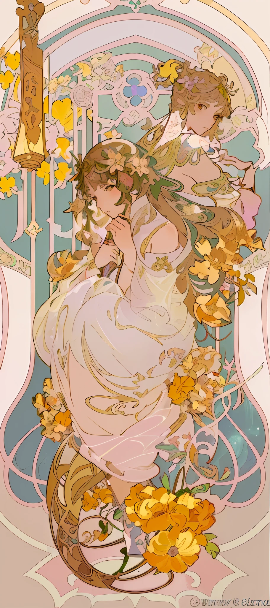 a painting of a woman sitting on a chair with flowers, anime art nouveau, alphonse mucha and rossdraws, alphonse mucha style, korean art nouveau anime, flat shading mucha, in style of alphonse mucha, demura and alphonse mucha, anime art nouveau cosmic display, inspired by Alfonse Mucha, mucha style, flat cel shading mucha