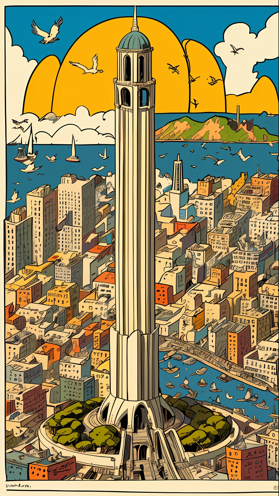 Chaotic maximalist San Francisco coit tower, bird's eye view and flying gastlis, illustrated by Herg, tin tin, pen-and-ink comic book style