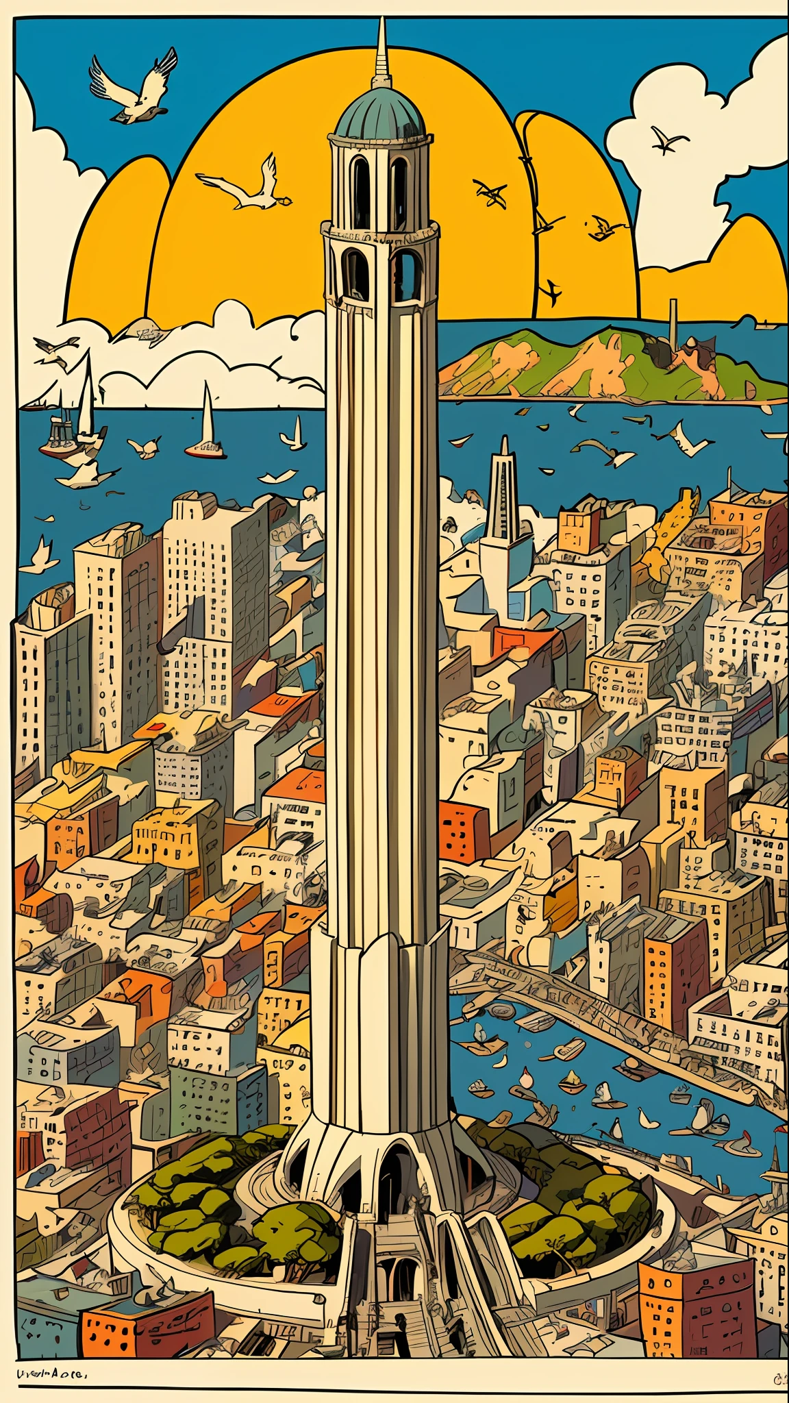 Tour de Coit maximaliste chaotique de San Francisco, vue à vol d&#39;oiseau et gastlis volants, illustré par Herg, étain étain, style bande dessinée à la plume et à l&#39;encre