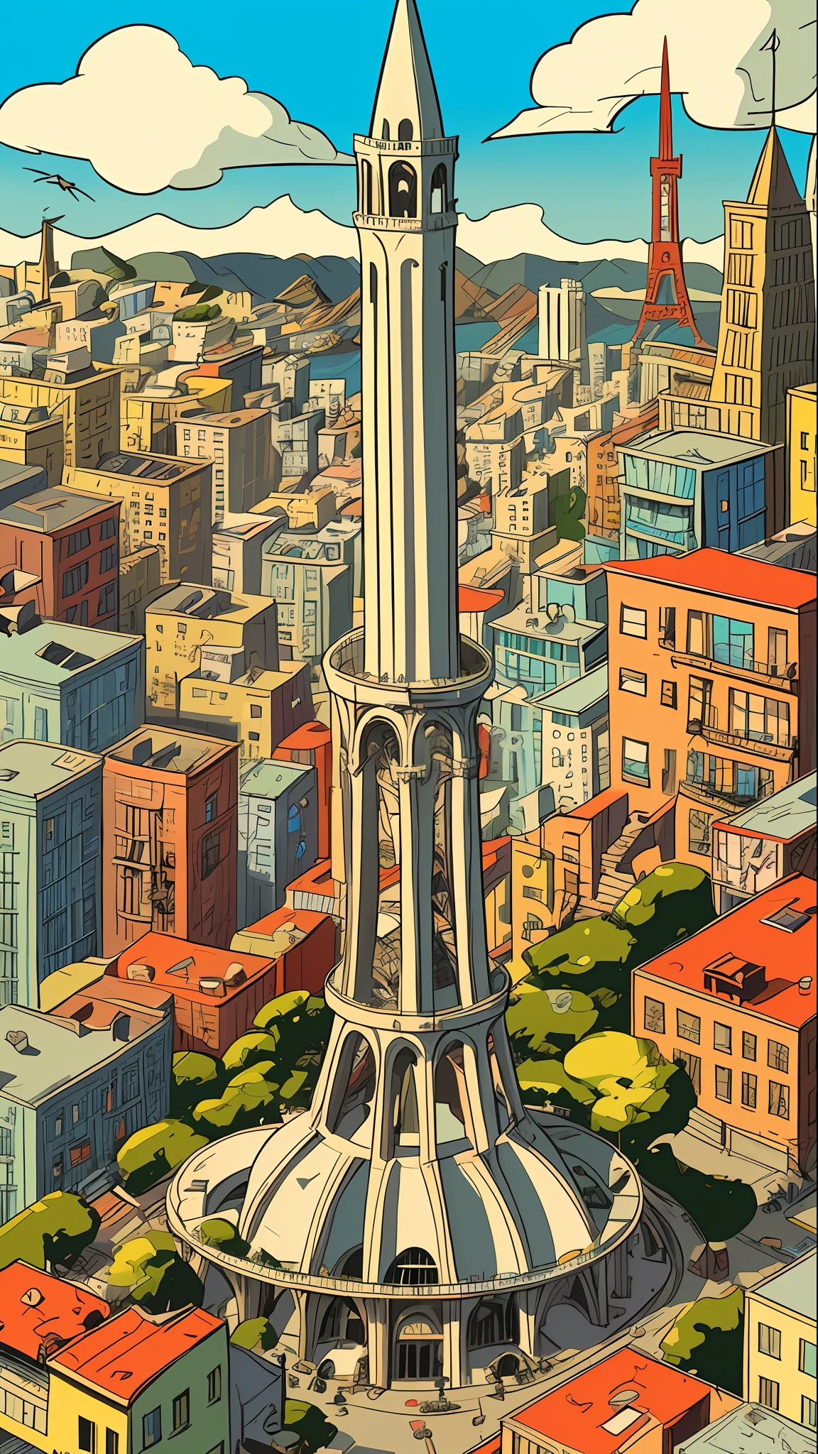 Chaotic maximalist San Francisco coit tower, bird's eye view and flying gastlis, illustrated by Herg, tin tin, pen-and-ink comic book style