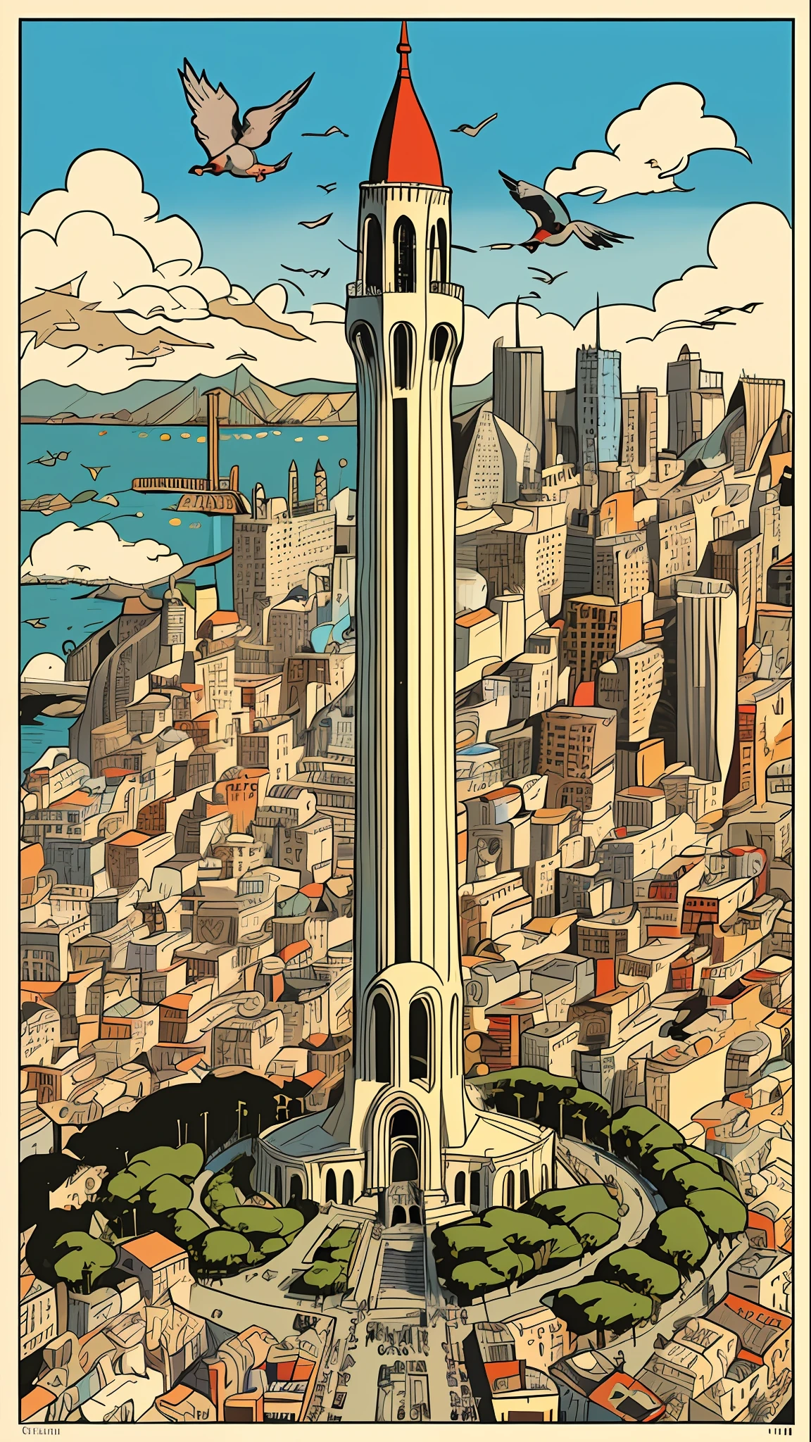 Chaotischer maximalistischer Coit Tower in San Francisco, Vogelperspektive und fliegende Gastlis, illustriert von herg, Zinn Zinn, Federzeichnung im Comic-Stil