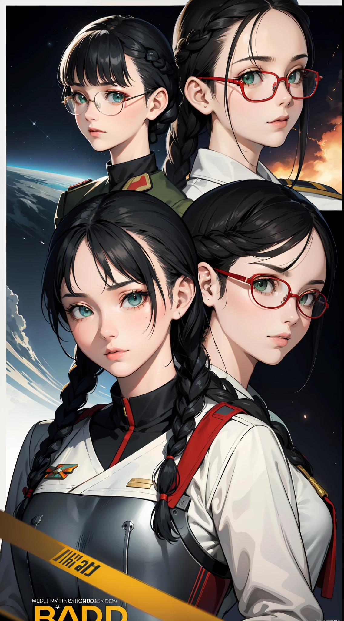Movie Poster,((Braid Hairstyle : 1.5)),Anime Reference 86 ,Science Fiction,Sci-Fi,Movies,War Action Movies,Space,Atmosphere,Sky,Battleship,Multiple Characters,Women,Adults,Green Eyes,Black Hair,(Pia bangs hairstyle) : 1.8 ),(Red Glasses),General Uniform,White Commander Uniform,Realistic Face Details,Realism,3D Face,