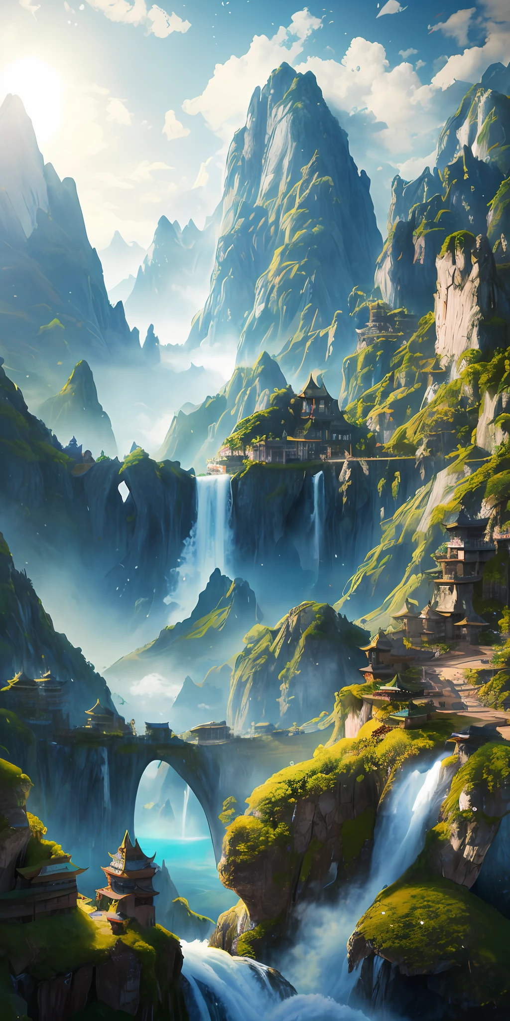 A painting of a waterfall in a mountain valley with a bridge - SeaArt AI