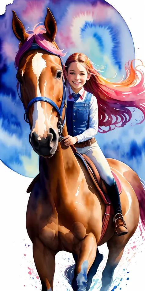 wtrcolor style, digital art (horse character), (show jumping) girl on loashdie, full-length, flowing tail, formal art, frontal, smiling, masterpiece, beautiful, ((watercolor)), face painting, paint splashes, intricate details. Very detailed, detailed eyes,...