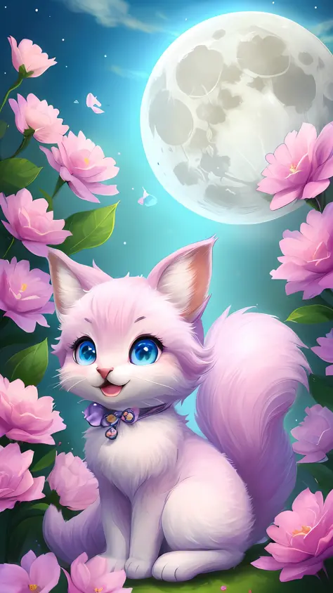 A kitten with a tiny tail, a small nose, small ears, blue eyes, pink background, flowers, vases, dreams, open mouth, smile, Caroline Chariot-Dayez pastels, tumblr, furry art, elokitty, Disney's Bambi cat, Disney's stylized furry, ears floating, fluffy tail...