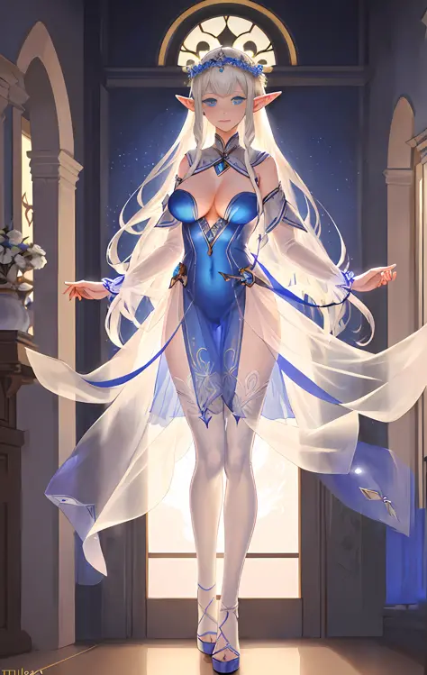 Tall elf goddess, long silver hair, silky and shiny, bright and detailed blue eyes, exposed thighs, legs apart, huge breasts: 1.4, large boobs: 1.4, large breasts: 1.4, magic breasts, pointed elf ears, flowers in hair detailed, see-through, transparent, tu...