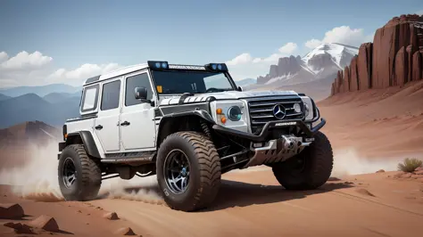 Racing car,high detailed,off road , detailed steel front bankers, snowfield roght skins, Mercedes Benz,Land Rover Off-road vehicle,8k resolution, masterpiece, Village Mountain Background, Desert, Lighting best resolution,Rock Stylish design, Front turn 3:1...