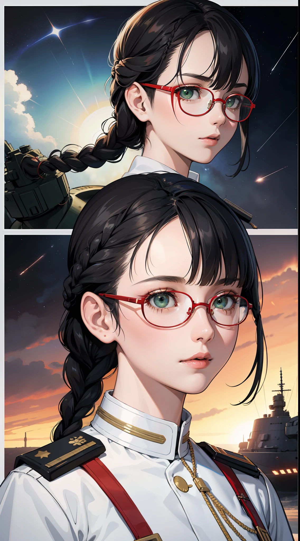 Movie Poster,((Braid Hairstyle : 1.5)),Anime Reference 86 ,Science Fiction,Sci-Fi,Movies,War Action Movies,Space,Atmosphere,Sky,Battleship,Multiple Characters,Women,Adults,Green Eyes,Black Hair,(Pia bangs hairstyle) : 1.8 ),(Red Glasses),General Uniform,White Commander Uniform,Realistic Face Details,Realism,3D Face,