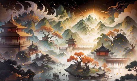 Ancient Chinese scenery, mountains, rivers, auspicious clouds, pavilions, sunshine, masterpieces, super detail, epic composition, Ultra HD, high quality, extremely detailed, official art, unified 8k wallpaper, Super detail, 32k -- v 6