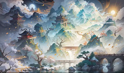 Ancient Chinese scenery, mountains, rivers, auspicious clouds, sunshine, white background, masterpiece, super detail, epic composition, Ultra HD, high quality, extremely detailed, official art, unified 8k wallpaper, Super detail, 32k -- v 6