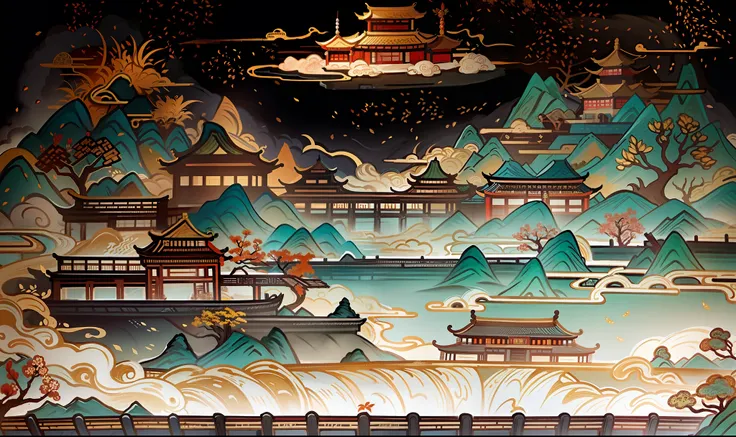 An ancient Chinese painting, ancient Chinese background, mountains, rivers, auspicious clouds, pavilions, sunshine, masterpieces, super detail, epic composition, ultra HD, high quality, extremely detailed, official art, unified 8k wallpaper, Super detail, ...