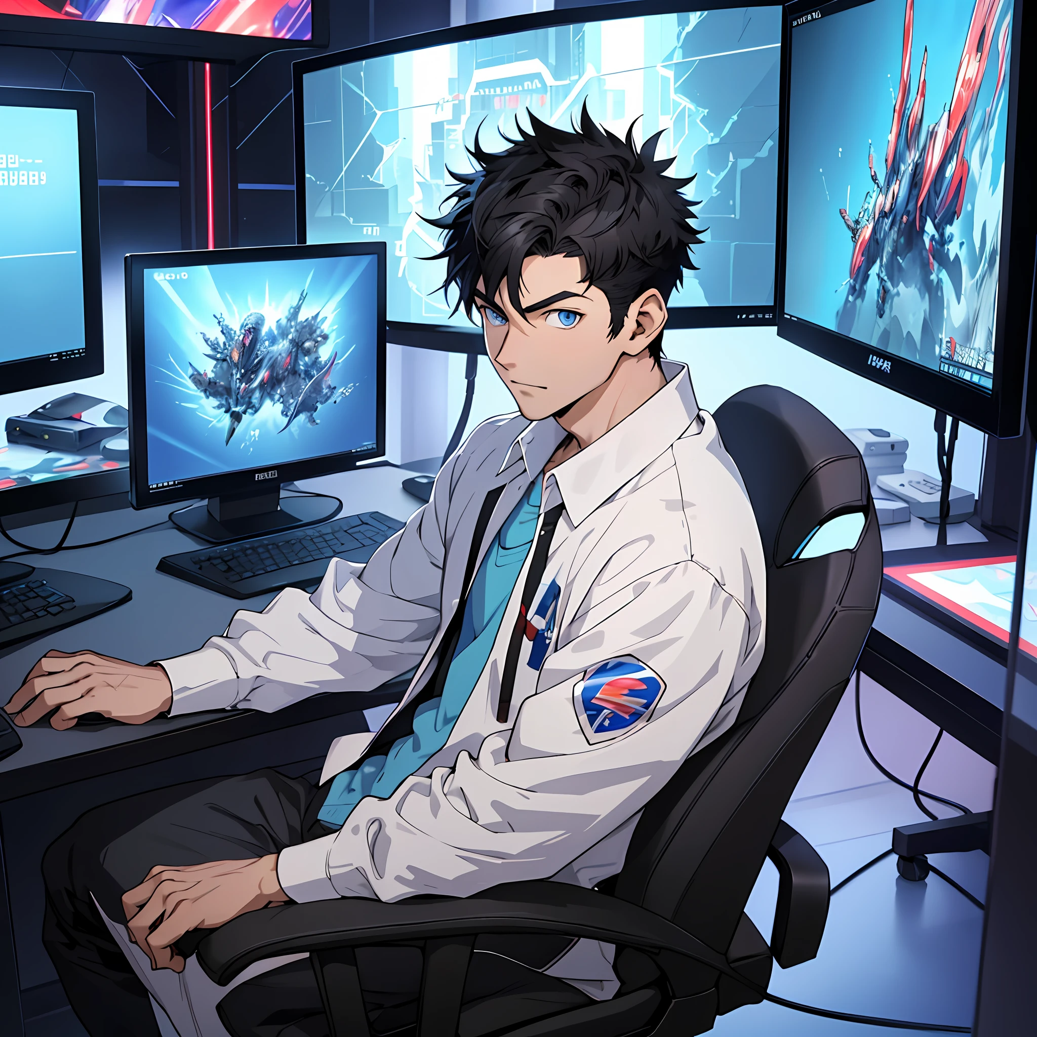 beste Qualität: 1.0), (Superhohe Auflösung: 1.0), Anime Junge, kurze schwarze Haare, blaue Augen, vor dem Computer sitzen und Spiele spielen, Hintergrund im E-Sport-Raum,