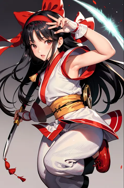 masterpiece, best quality,1girl, red bow, bow, long hair, hair bow, ainu clothes, solo, hairband, bird, black hair, fingerless gloves, short sleeves, gloves, sash, pants, bangs, red hairband, weapon, breasts, brown eyes, white pants, japanese clothes, nako...