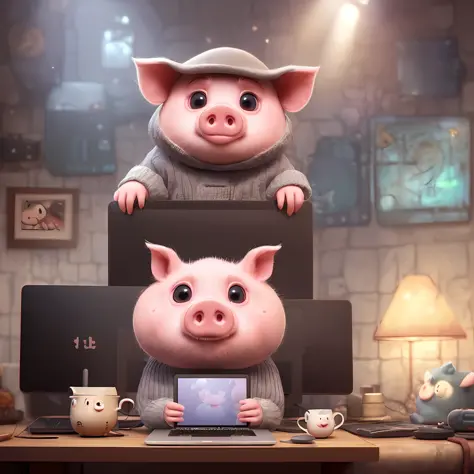 cute little pig sitting in front of laptop, unreal engine, cozy interior lighting, arts station, detailed digital painting, cine...