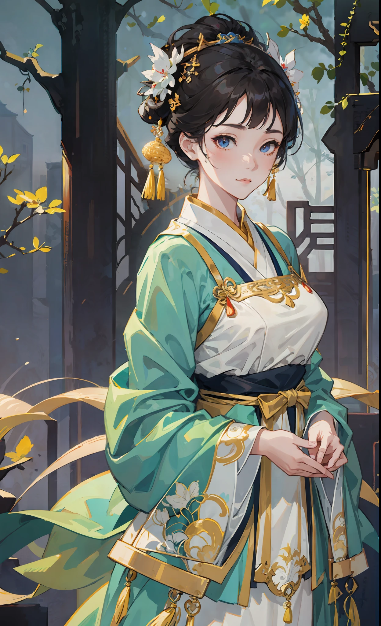 A girl, ancient Chinese costume, whole body, sunshine, clear face, clean white background, masterpiece, super detail, epic composition, ultra HD, high quality, extremely detailed, official art, uniform 8k wallpaper, super detail, 32k -- v 6