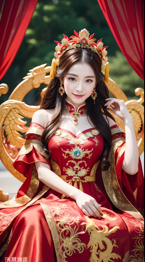 (8k, RAW Photo, Best Quality, Masterpiece: 1.2), (Realistic, Realistic: 1.37), 1 Girl, Woman in Red Dress and Headdress Posing for Photo, Gorgeous Role Play, Beautiful Costume, Chinese Dress, Complex Dress, Complex Costume, Traditional Beauty, Gorgeous Chi...