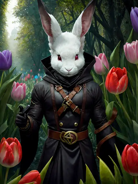 rabbitman , evil demon , bow , eyes focus, ears, mus ,Tulips, cles, jungle