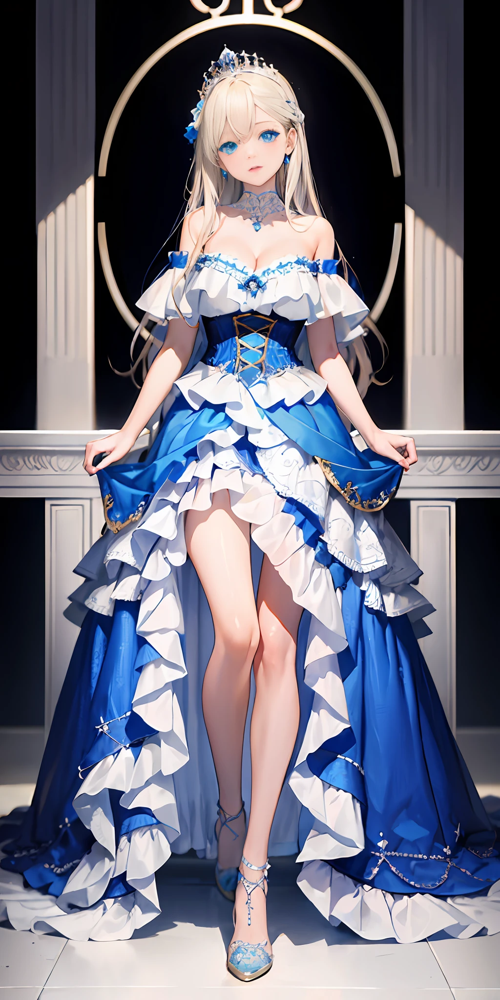 [blue:aqua:0.65] theme, masterpiece, masterpiece of a girl, detailed visual art, blue eyes, light blonde hair, long hair, collarbone, royal princess, elegant, gorgeous quinceanera dress, detailed layered skirt, [detailed frills: 0.1], [frilled dress: 0.1], embroidery, [detail princess dress: 0.1], off-the-shoulder, big breasts, open crotch, thigh slit, garter, groin, [NSFW|uncensored], ( Simple background: 1.1), low wing, full body