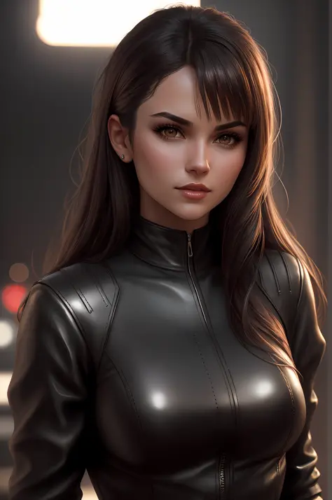 Elena Gilbert, wearing casual and modern black leather clothes, masterpiece, best quality, highest quality, cinematic lighting, (volumetric lighting), extremely detailed CG 8k wallpaper unit, focused, 8k wallpaper, 4k wallpaper, extremely detailed, ultra r...