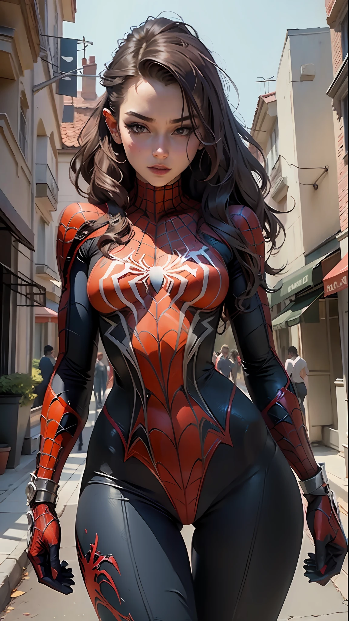 Beautiful woman detailed defined body using spider man cosplay, small breasts