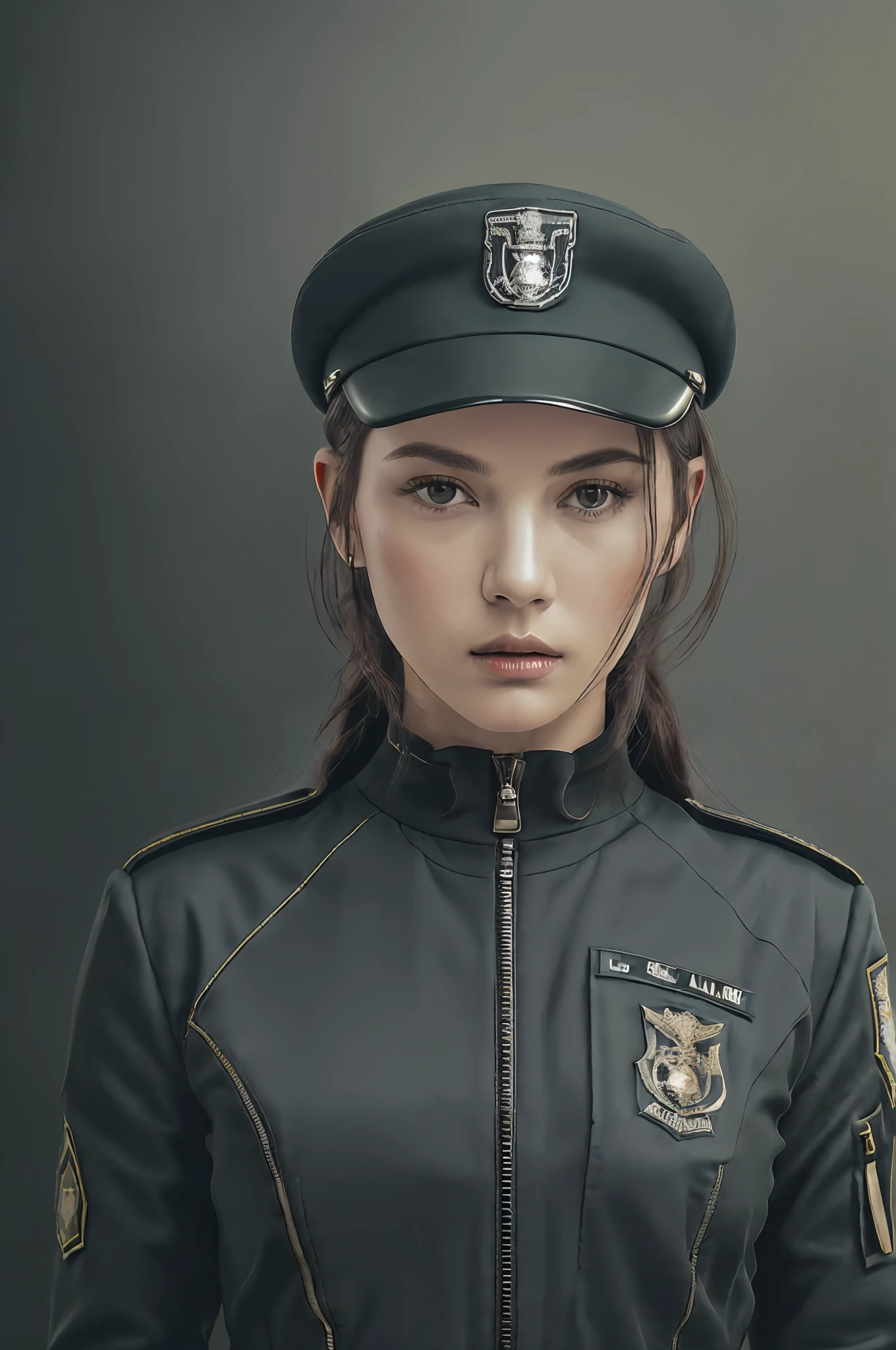 Complex 3d rendering android face super detailed beautiful porcelain silhouette woman, 1gril, chestless, ((Russian standard military cap, military uniform color is dark green, dark blue or dark gray, plus other dark tones such as black and brown. Generally speaking, the appearance of military uniforms is rigorous and conforms to the image and standards of military personnel. There are many details on the military uniform, such as the reinforcement of pockets, elbows, knees, etc., as well as the concealed zipper design and tight cuffs. These designs are designed to improve the practicality and protection of military uniforms. Military uniforms usually carry various logos such as epaulettes, armbands, chest tags and rank insignia, etc.), military uniform, 150 mm, beautiful studio soft light, edge light, elegant, beautiful background, octane rendering, HR Giger style, 8k, top quality, masterpiece, illustration, smooth beauty, highly detailed, CG wallpaper, (realistic, realisticity: 1.37), excellent, exquisite details, masterpiece, top quality, official art, very detailed -- v 6