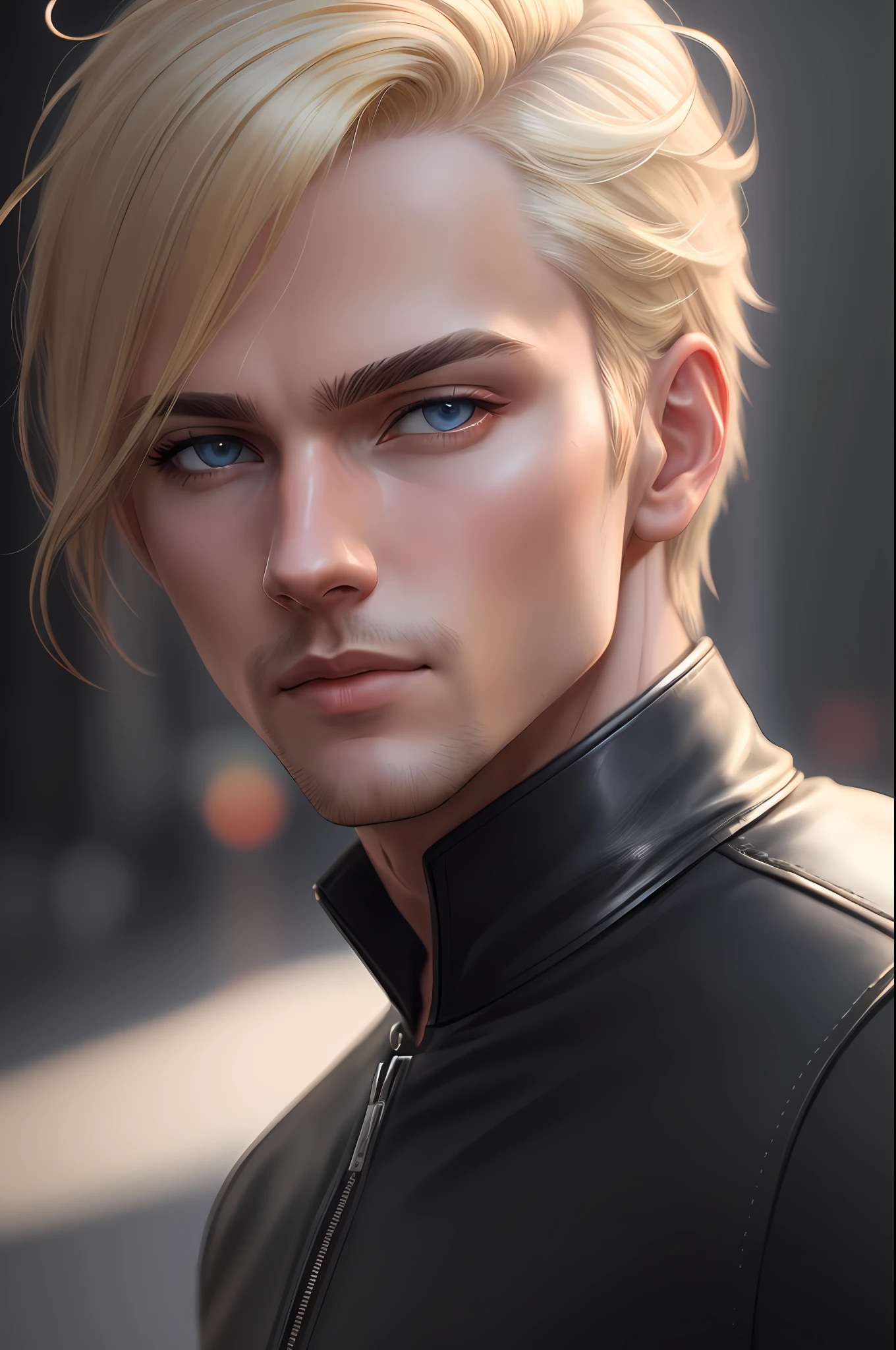 blonde man, blue eyes, wearing casual and modern black leather clothes, masterpiece, best quality, highest quality, cinematic lighting, (volumetric lighting), extremely detailed CG 8k wallpaper unit, focused, 8k wallpaper, 4k wallpaper, extremely detailed, ultra realistic, photorealistic, sharp focus, absurd, (HDR: 1.2), (high contrast), photography, detailed and intricate,  instagram, portrait, highly detailed, digital painting, artstation, concept art, smooth, sharp focus, illustration, cinematic lighting,