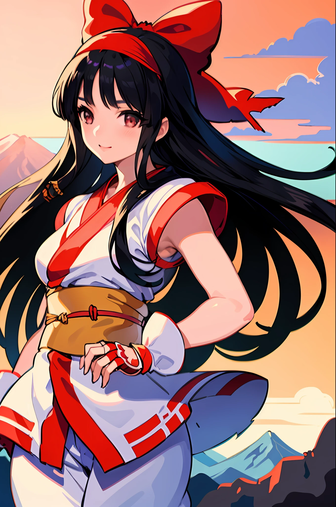 masterpiece, best quality,1girl, red bow, bow, long hair, hair bow, ainu clothes, solo, hairband, bird, black hair, fingerless gloves, short sleeves, gloves, sash, pants, bangs, red hairband, weapon, breasts, brown eyes, white pants, japanese clothes, nakoruru, light smile, officials art, good composition, sexy pose, detailed portrait, portrait, bokeh, mountain background with cloud, pencil style, traditional brush, samurai, onmyoji style, high resolution, dramatic lighting and shadow, high contrast, sun