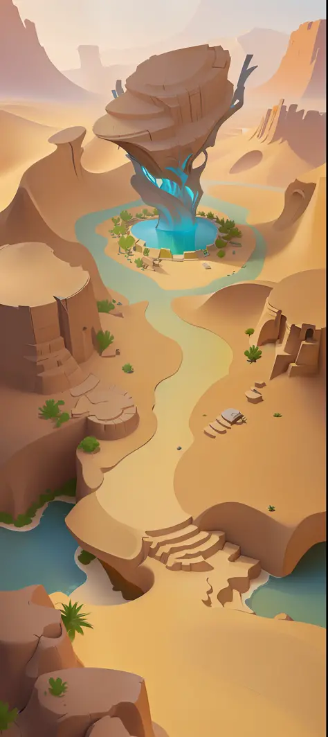 there is a digital painting of a desert with a river, stylized concept art, desert oasis, desert oasis background, stylized game art, painted as a game concept art, desert environment, sand and desert environment, oasis in the desert, desert setting, 3 d r...