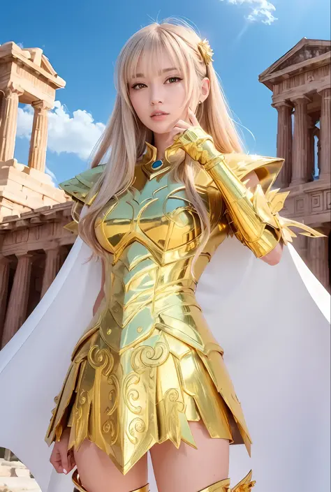 A woman in golden costume poses in front of the building, angel golden armor, light gold armor, gorgeous cosplay, knight of zodiac girl, portrait knight of zodiac girl, golden armor, golden armor, wearing golden armor, wearing light armor, golden goddess A...