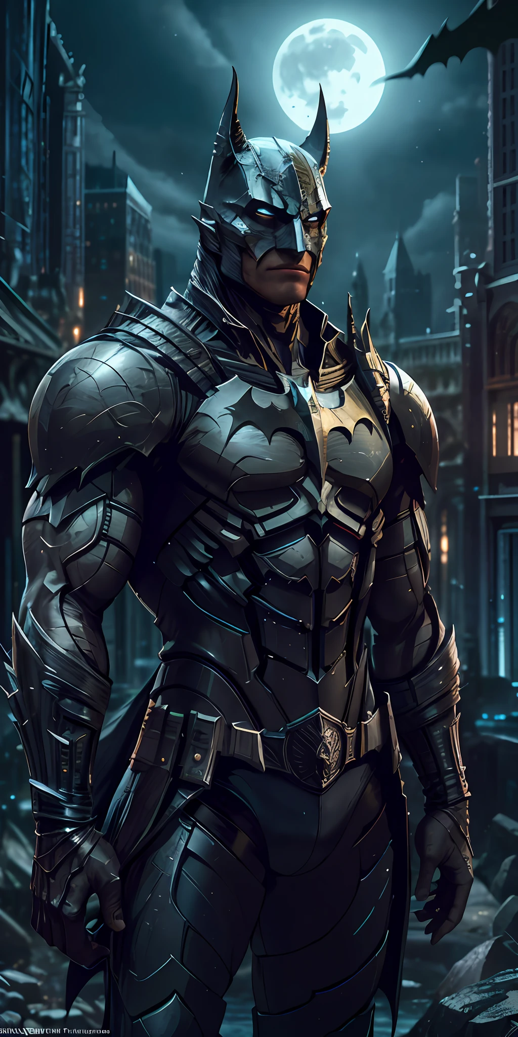 Batman from the dark knight stands imposing in a gothic lost city. Moonlight highlights your muscles and scars. The scenery is lush and mysterious, with futuristic tech and surroundings. The camera details everything, a warrior woman, in front of him.